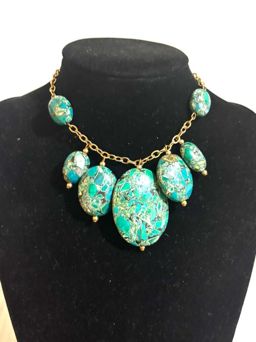 Turquoise Mosaic Statement Necklace - Gold Chain